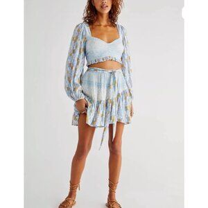 Free People NWT Blue & Multicolor 2-Piece Set With Puff Sleeves & Smocked Detail